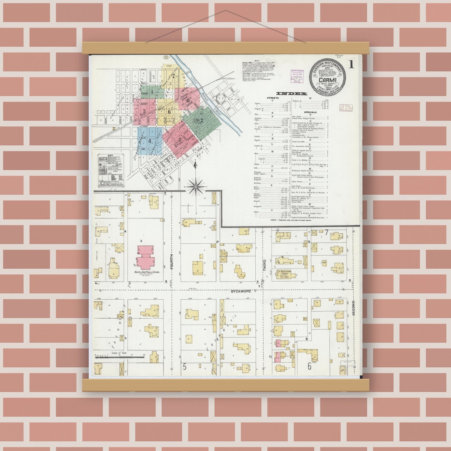 Old map wall art mockup — magnetic wood frame on brick wall — Sanborn Fire Insurance Map from Carmi, White County, Illinois (1906) - Complete Map Set