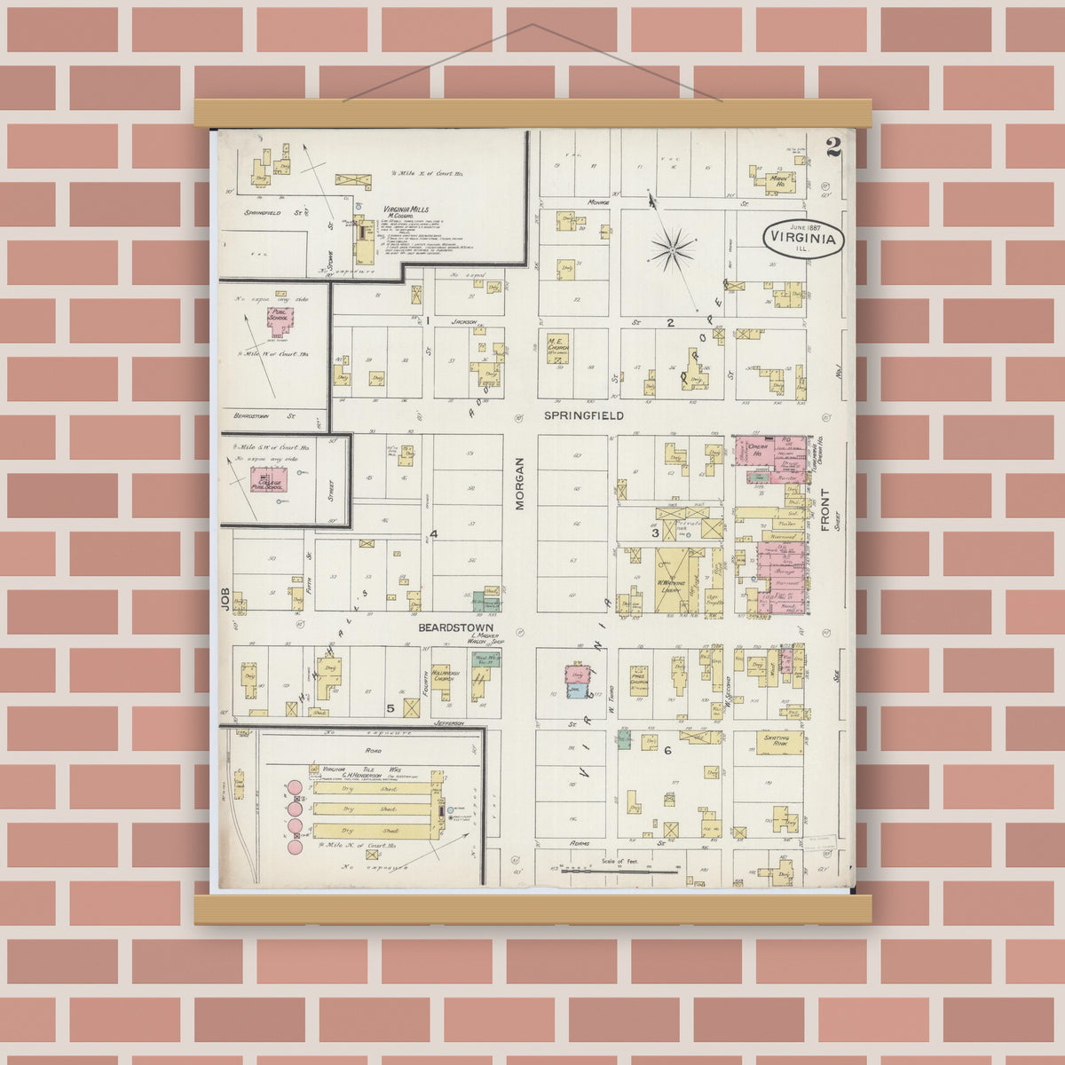 Old map wall art mockup — magnetic wood frame on brick wall — Sanborn Fire Insurance Map from Virginia, Cass County, Illinois (1887), Sheet #0002