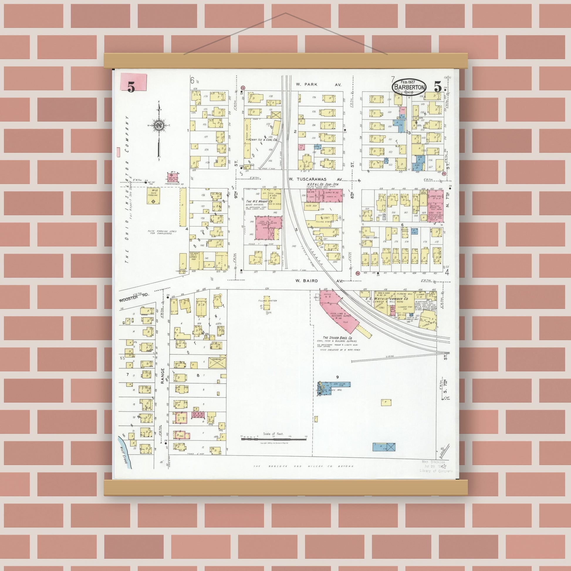Old map wall art mockup — magnetic wood frame on brick wall — Sanborn Fire Insurance Map from Barberton, Summit County, Ohio (1927), Sheet #0005