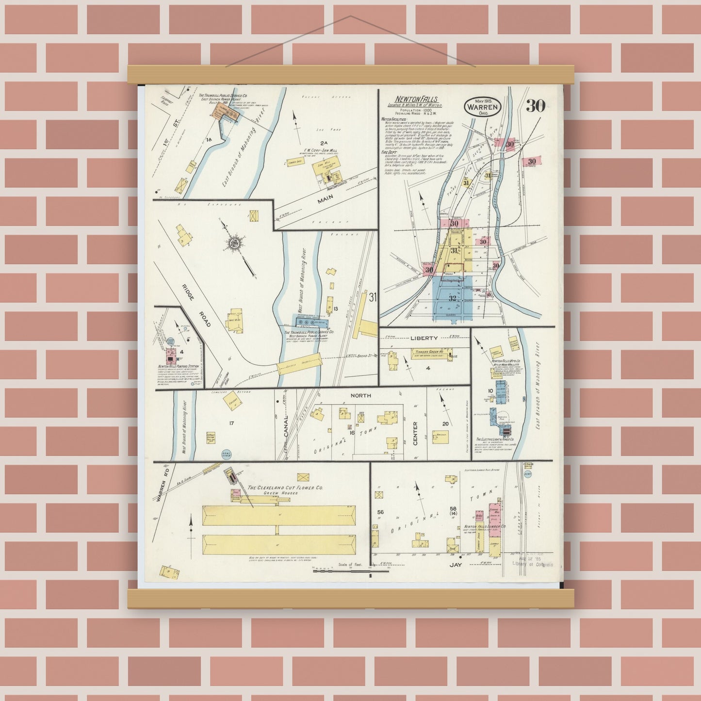 Old map wall art mockup — magnetic wood frame on brick wall — Sanborn Fire Insurance Map from Warren, Trumbull County, Ohio (1915), Sheet #0030