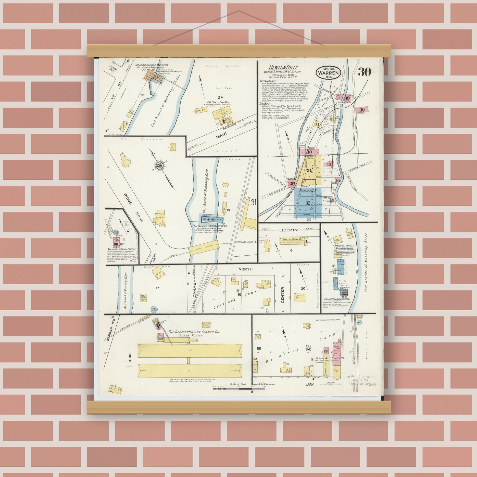 Old map wall art mockup — magnetic wood frame on brick wall — Sanborn Fire Insurance Map from Warren, Trumbull County, Ohio (1915), Sheet #0030