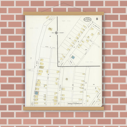 Old map wall art mockup — magnetic wood frame on brick wall — Sanborn Fire Insurance Map from Old Forge, Lackawanna County, Pennsylvania (1914), Sheet #0008