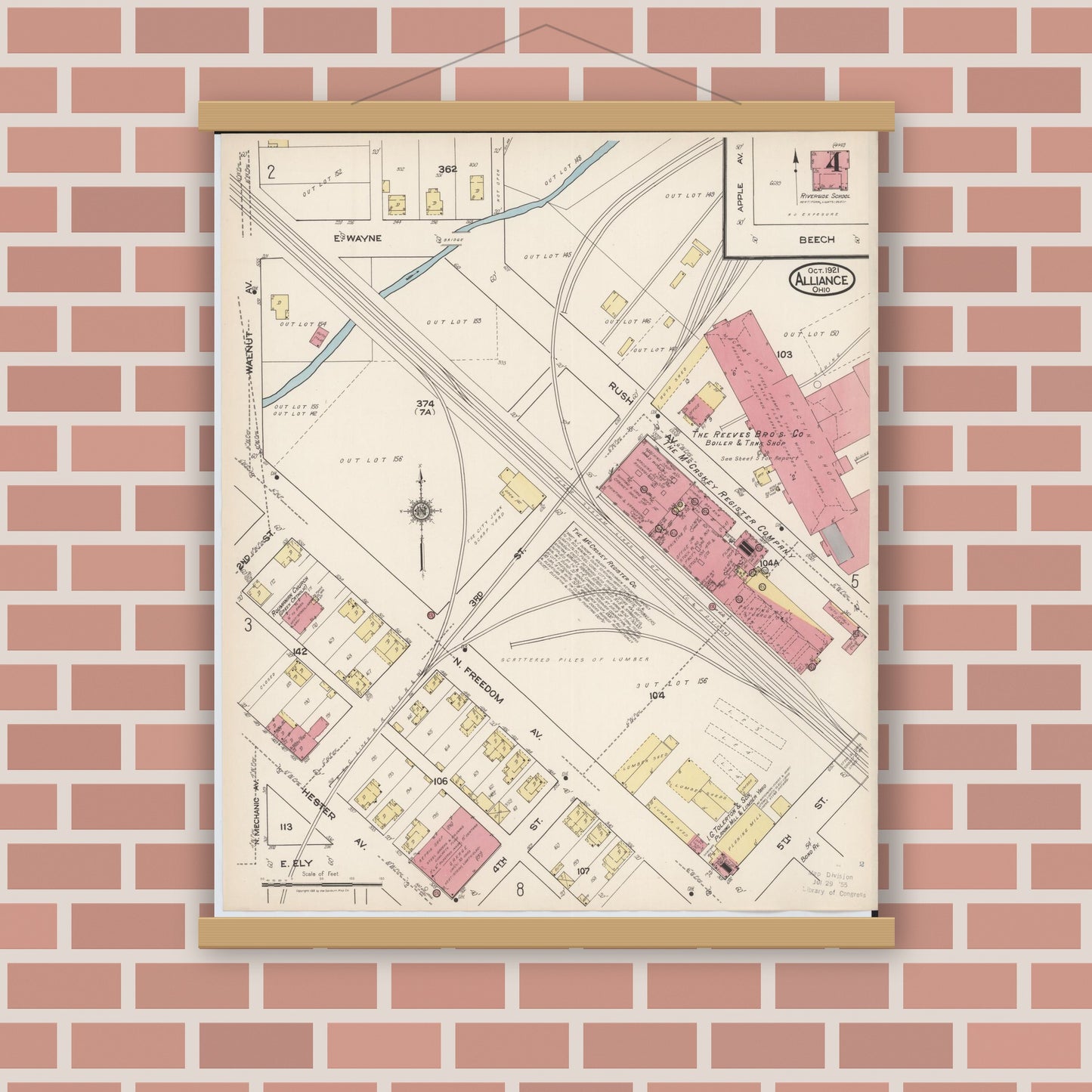 Old map wall art mockup — magnetic wood frame on brick wall — Sanborn Fire Insurance Map from Alliance, Stark County, Ohio (1921), Sheet #0004