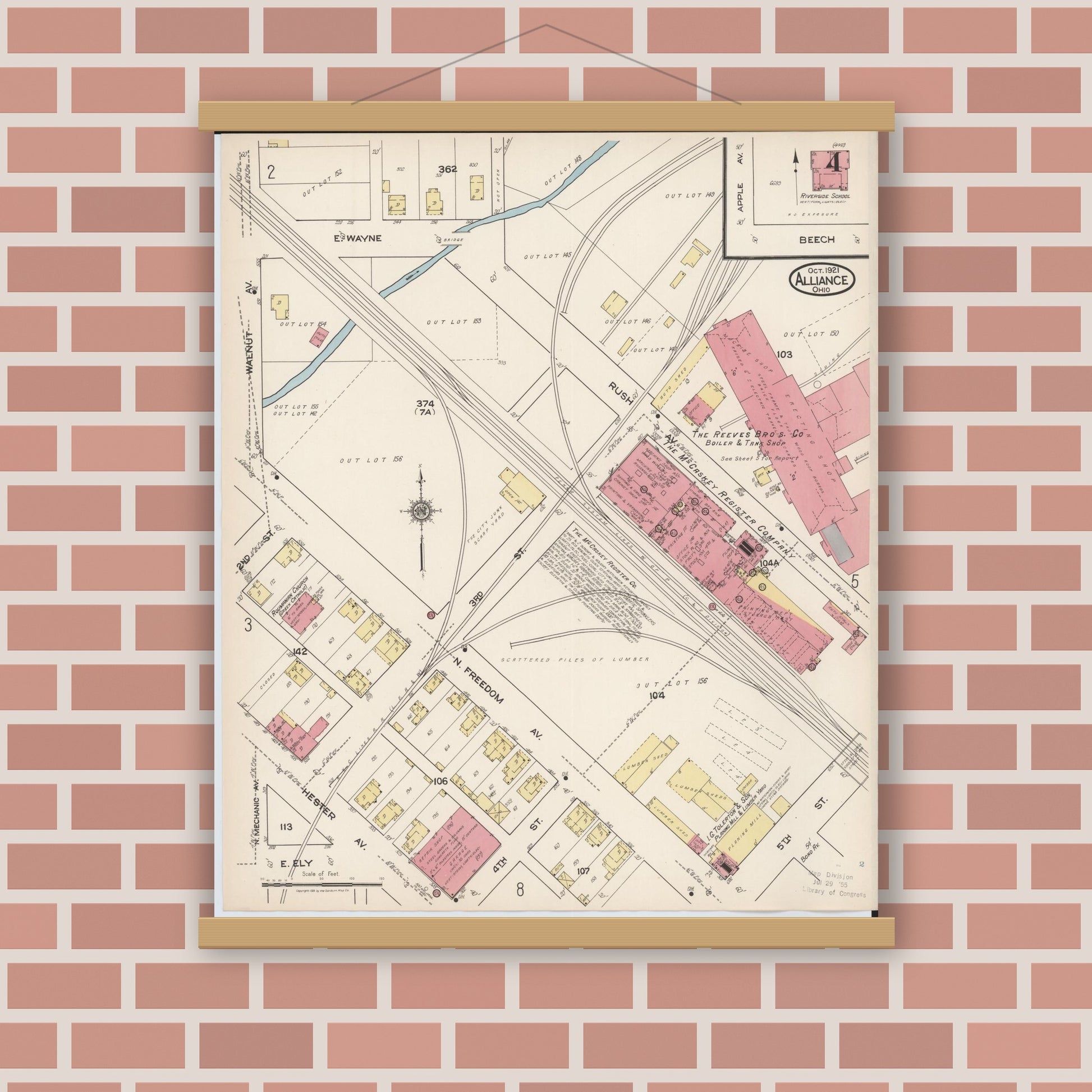 Old map wall art mockup — magnetic wood frame on brick wall — Sanborn Fire Insurance Map from Alliance, Stark County, Ohio (1921), Sheet #0004