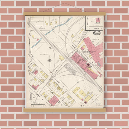 Old map wall art mockup — magnetic wood frame on brick wall — Sanborn Fire Insurance Map from Alliance, Stark County, Ohio (1921), Sheet #0004