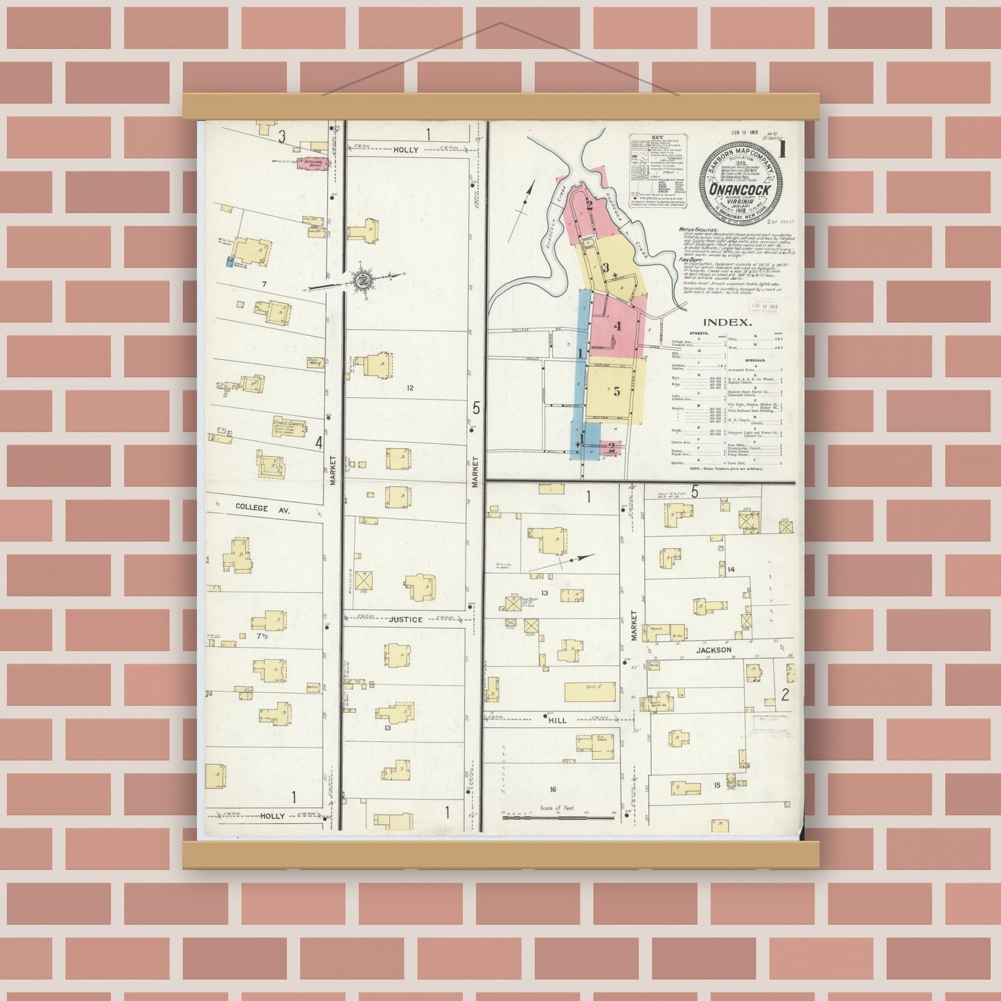 Old map wall art mockup — magnetic wood frame on brick wall — Sanborn Fire Insurance Map from Onancock, Accomack County, Virginia (1912) - Complete Map Set