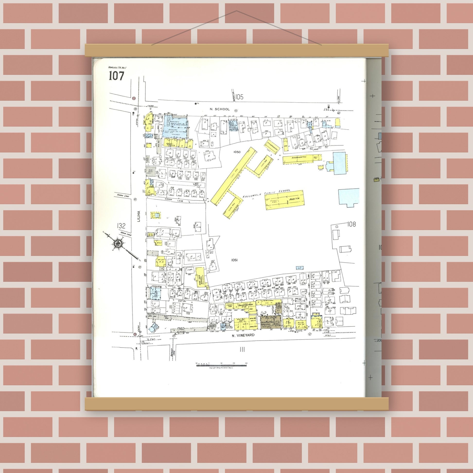 Old map wall art mockup — magnetic wood frame on brick wall — Sanborn Fire Insurance Map from Honolulu, Oahu County, Hawaii (1955), Sheet #0107