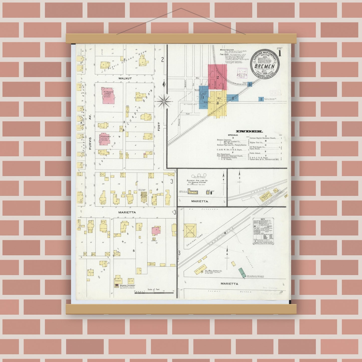 Old map wall art mockup — magnetic wood frame on brick wall — Sanborn Fire Insurance Map from Bremen, Fairfield County, Ohio (1909), Sheet #0001