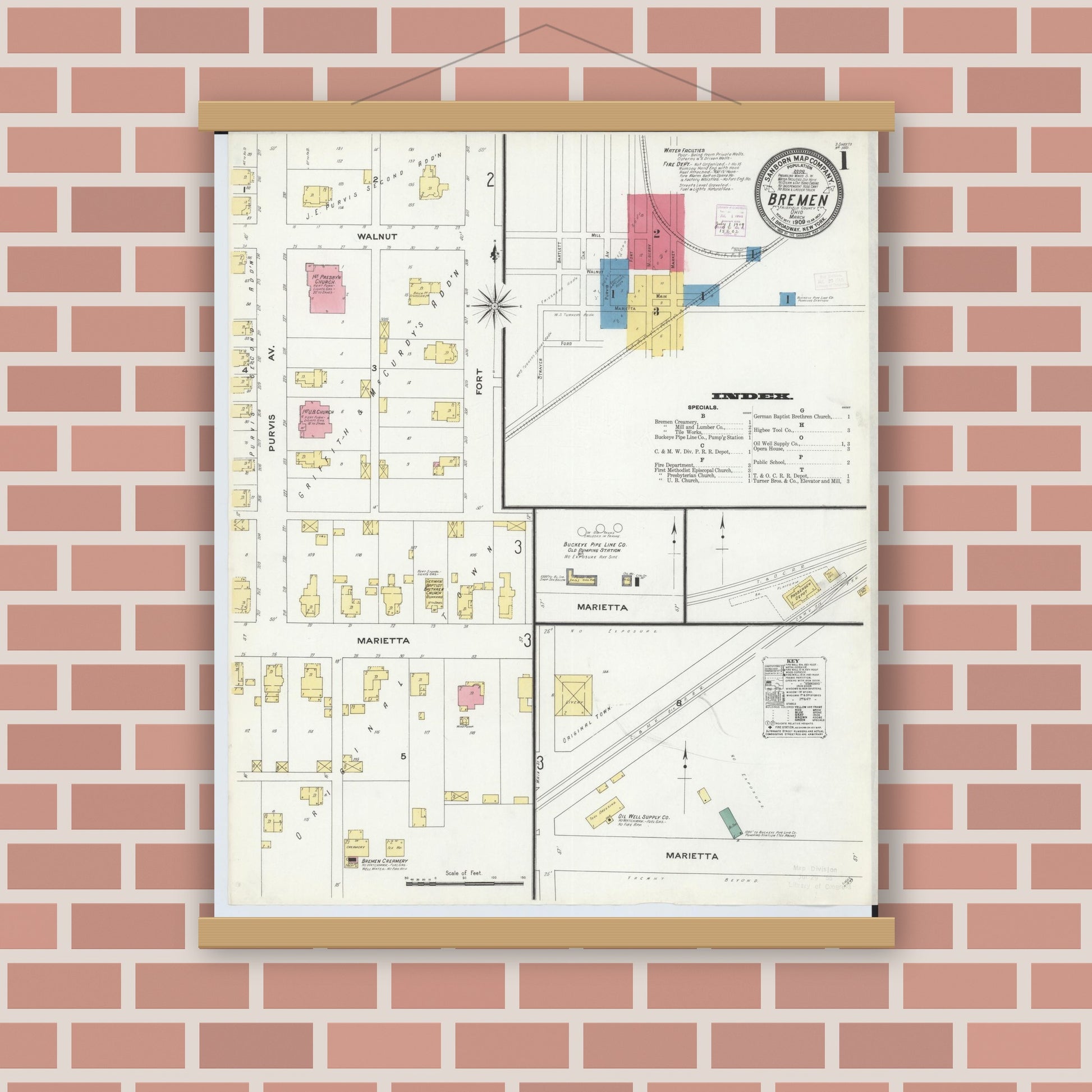 Old map wall art mockup — magnetic wood frame on brick wall — Sanborn Fire Insurance Map from Bremen, Fairfield County, Ohio (1909), Sheet #0001