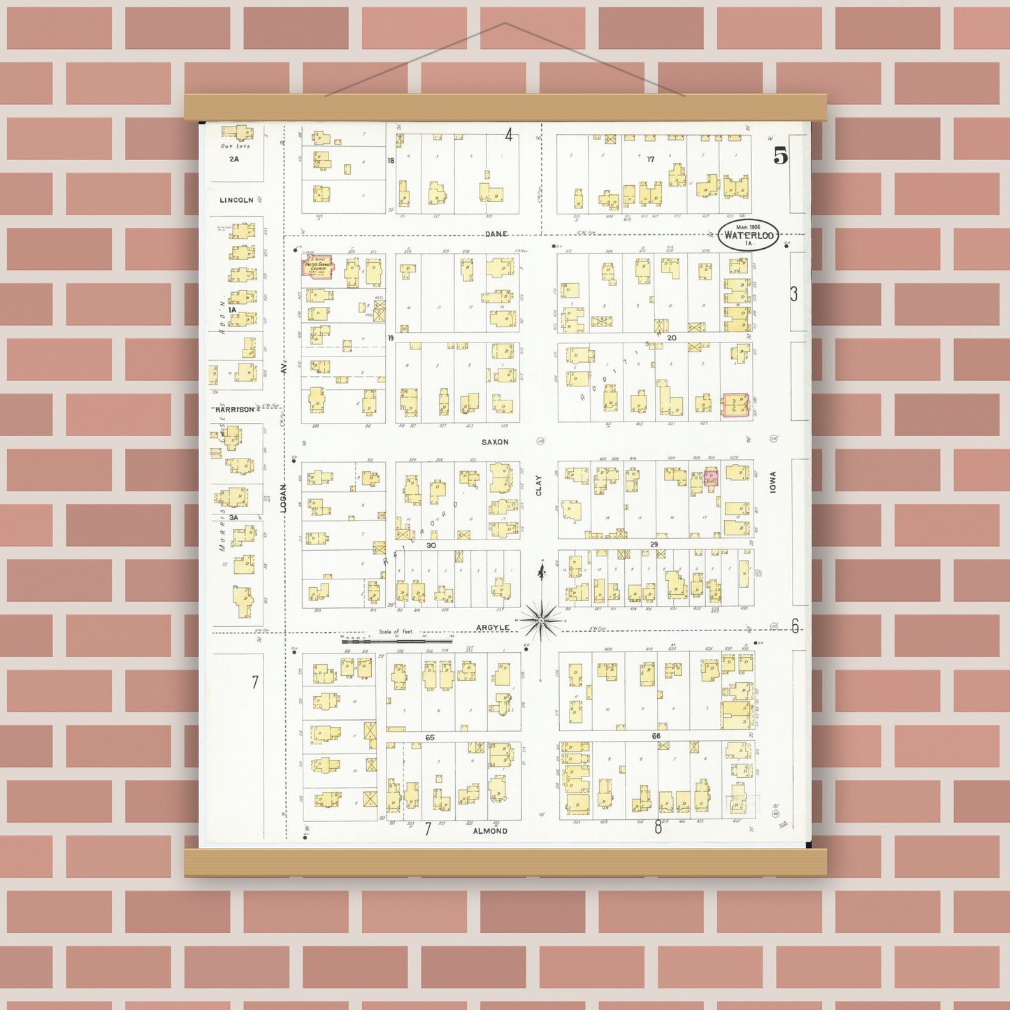 Old map wall art mockup — magnetic wood frame on brick wall — Sanborn Fire Insurance Map from Waterloo, Black Hawk County, Iowa (1906), Sheet #0005
