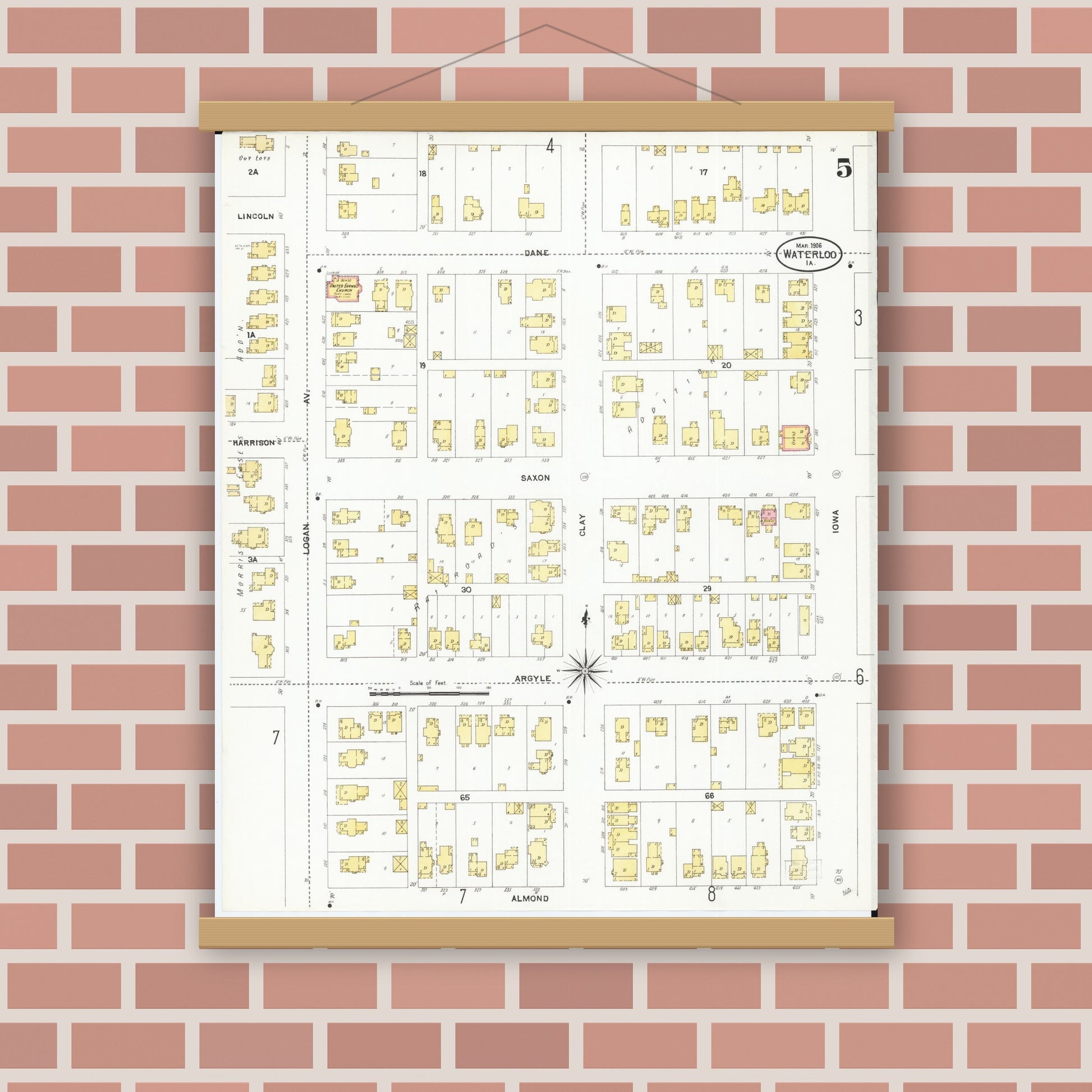 Old map wall art mockup — magnetic wood frame on brick wall — Sanborn Fire Insurance Map from Waterloo, Black Hawk County, Iowa (1906), Sheet #0005
