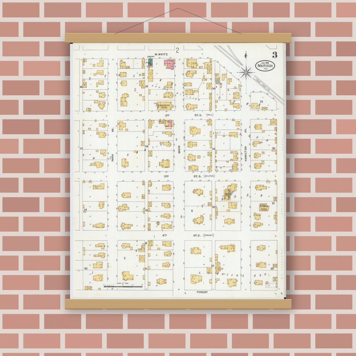 Old map wall art mockup — magnetic wood frame on brick wall — Sanborn Fire Insurance Map from Marissa, Saint Clair County, Illinois (1906), Sheet #0003