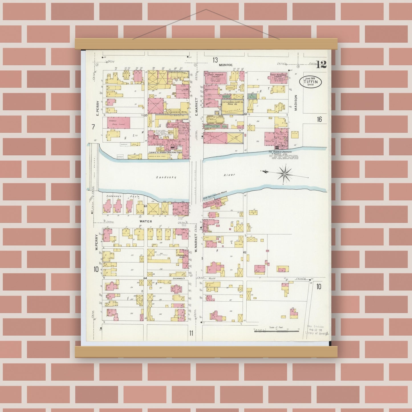 Old map wall art mockup — magnetic wood frame on brick wall — Sanborn Fire Insurance Map from Tiffin, Seneca County, Ohio (1908), Sheet #0012
