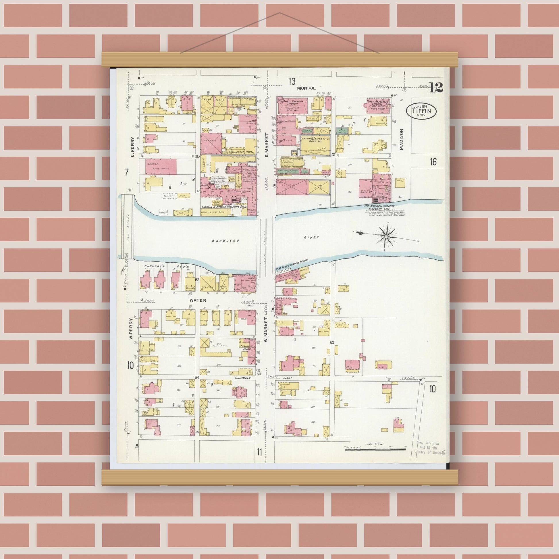 Old map wall art mockup — magnetic wood frame on brick wall — Sanborn Fire Insurance Map from Tiffin, Seneca County, Ohio (1908), Sheet #0012