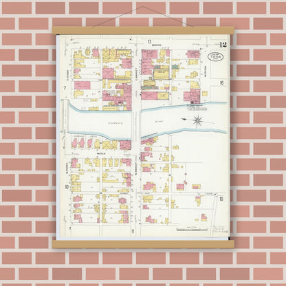 Old map wall art mockup — magnetic wood frame on brick wall — Sanborn Fire Insurance Map from Tiffin, Seneca County, Ohio (1908), Sheet #0012