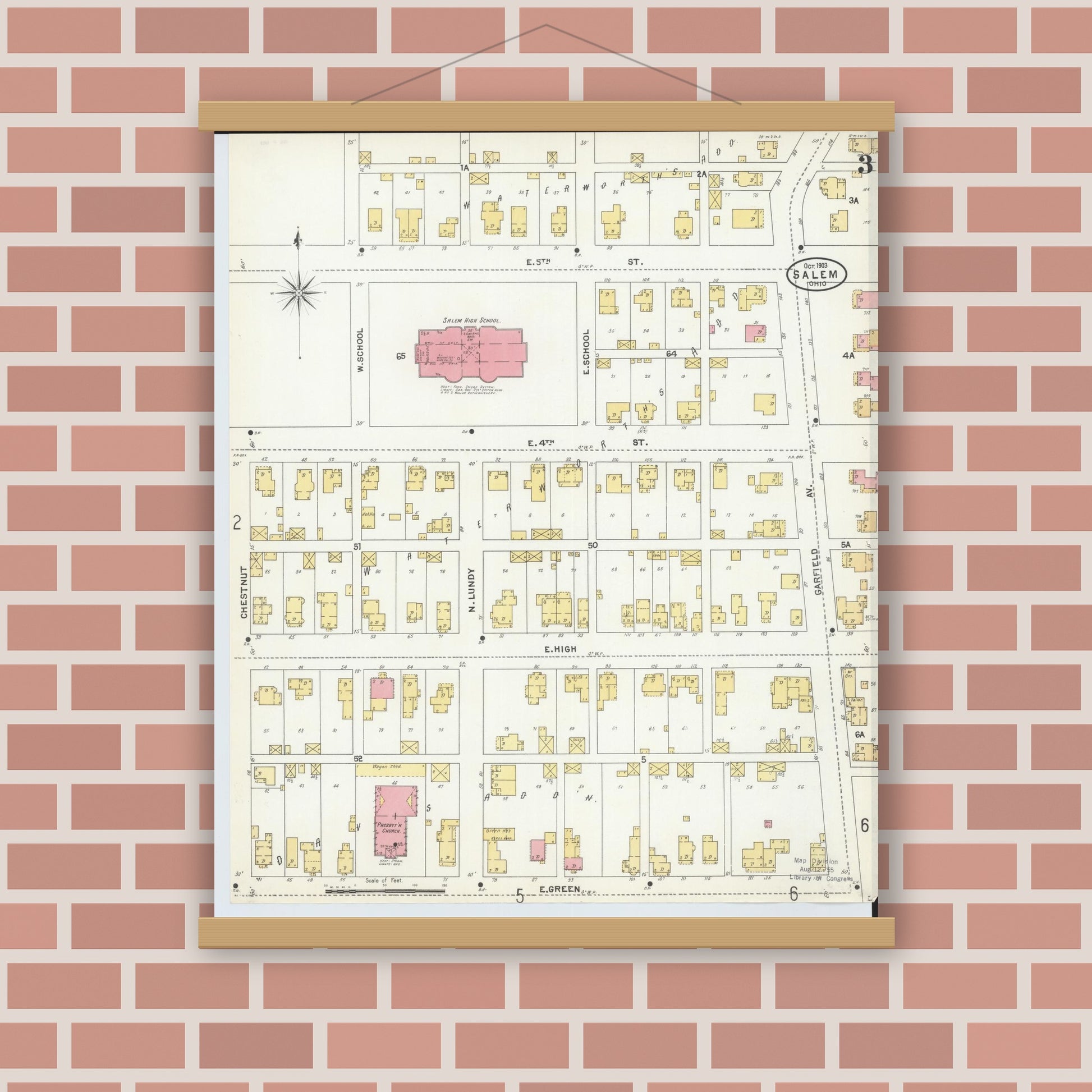 Old map wall art mockup — magnetic wood frame on brick wall — Sanborn Fire Insurance Map from Salem, Columbiana County, Ohio (1903), Sheet #0003