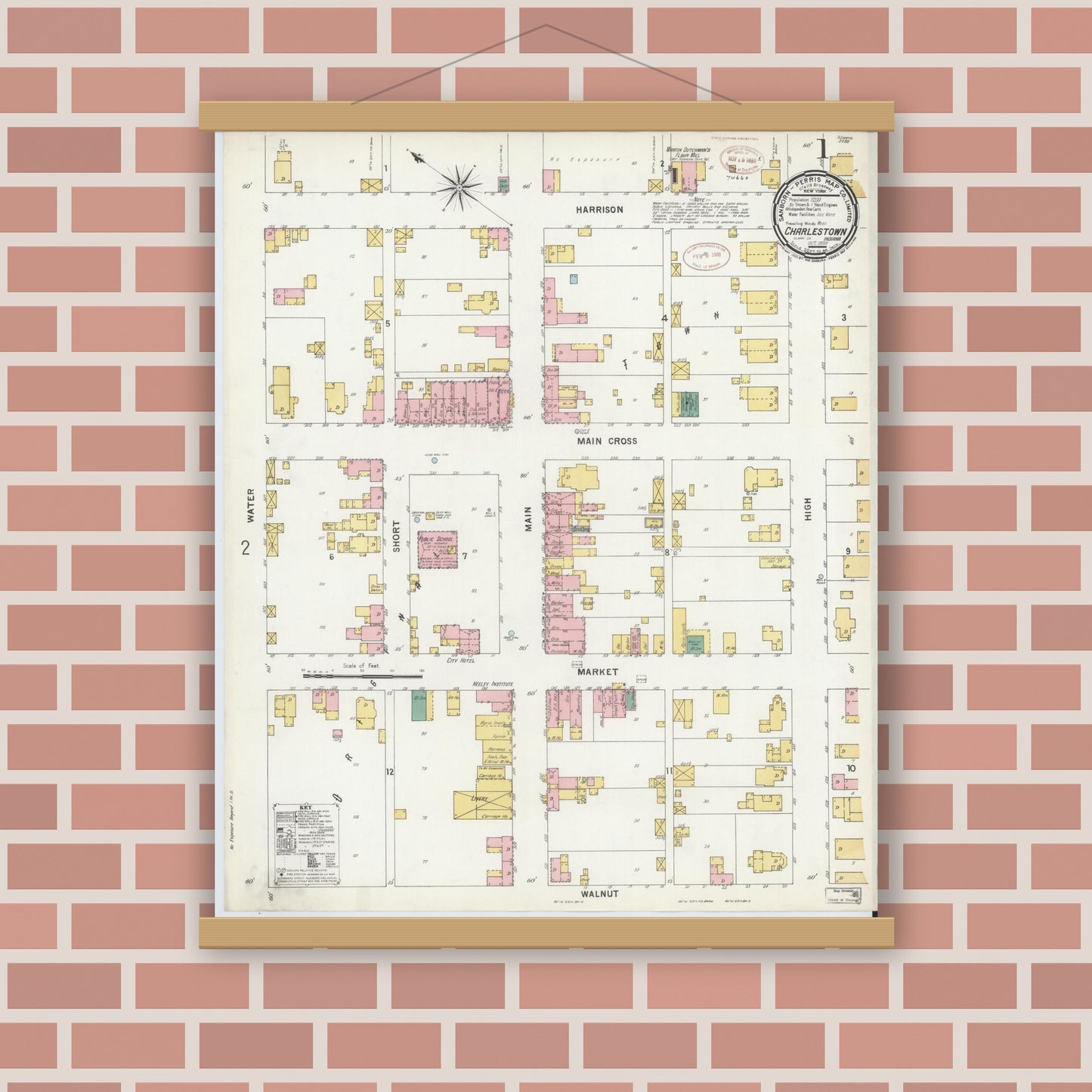 Old map wall art mockup — magnetic wood frame on brick wall — Sanborn Fire Insurance Map from Charlestown, Clark County, Indiana (1899) - Complete Map Set