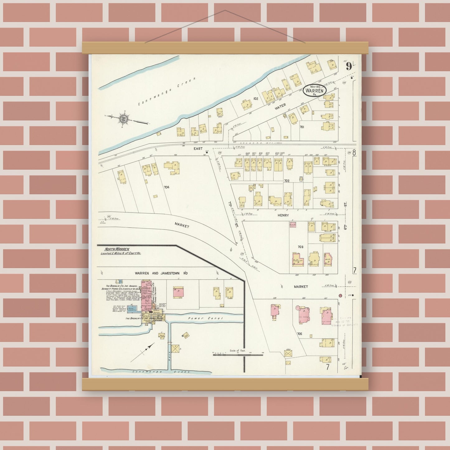 Old map wall art mockup — magnetic wood frame on brick wall — Sanborn Fire Insurance Map from Warren, Warren County, Pennsylvania (1912), Sheet #0009