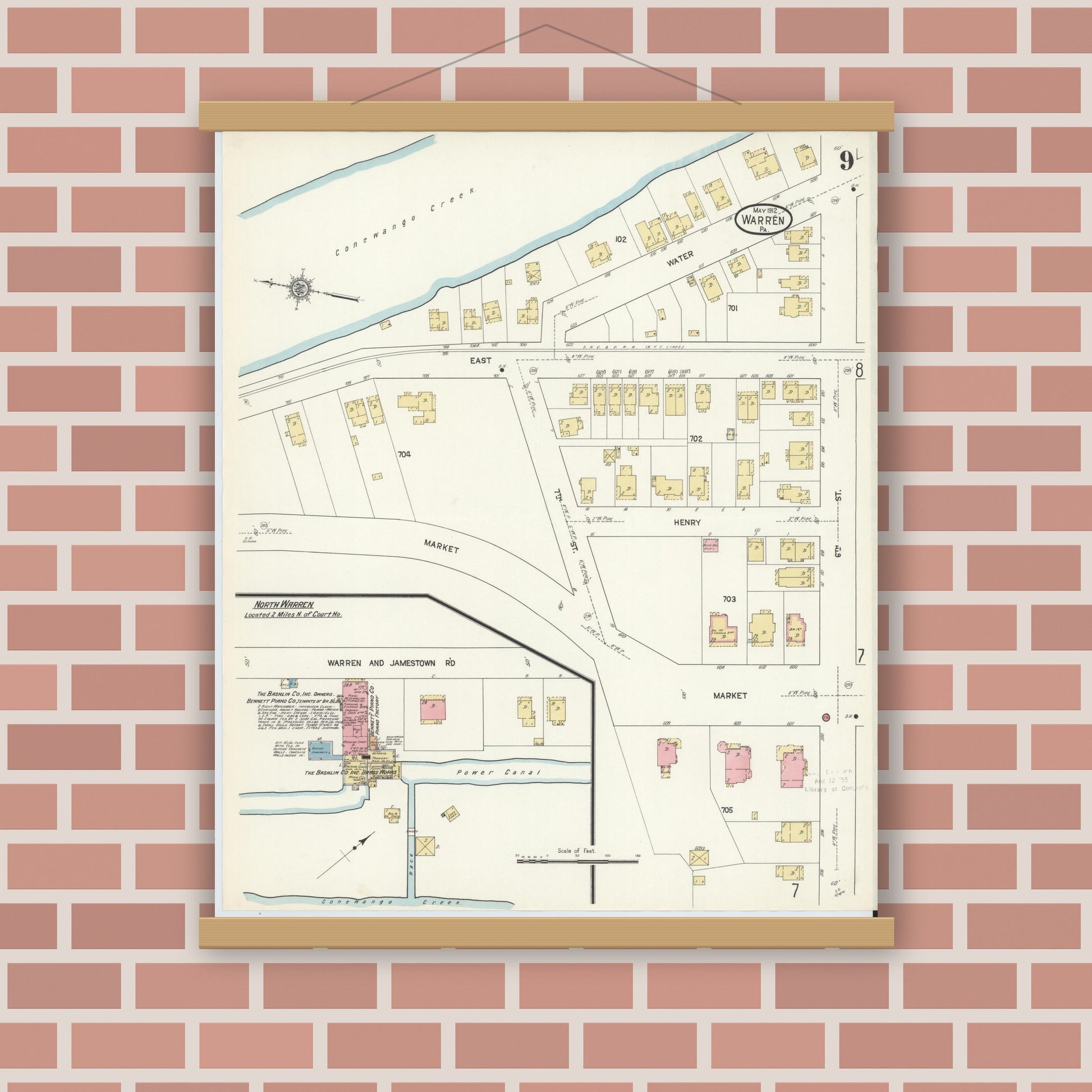 Old map wall art mockup — magnetic wood frame on brick wall — Sanborn Fire Insurance Map from Warren, Warren County, Pennsylvania (1912), Sheet #0009
