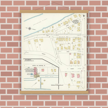 Old map wall art mockup — magnetic wood frame on brick wall — Sanborn Fire Insurance Map from Warren, Warren County, Pennsylvania (1912), Sheet #0009