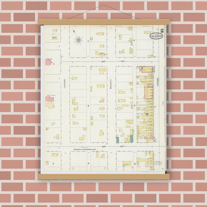 Old map wall art mockup — magnetic wood frame on brick wall — Sanborn Fire Insurance Map from Kalkaska, Kalkaska County, Michigan (1893), Sheet #0002