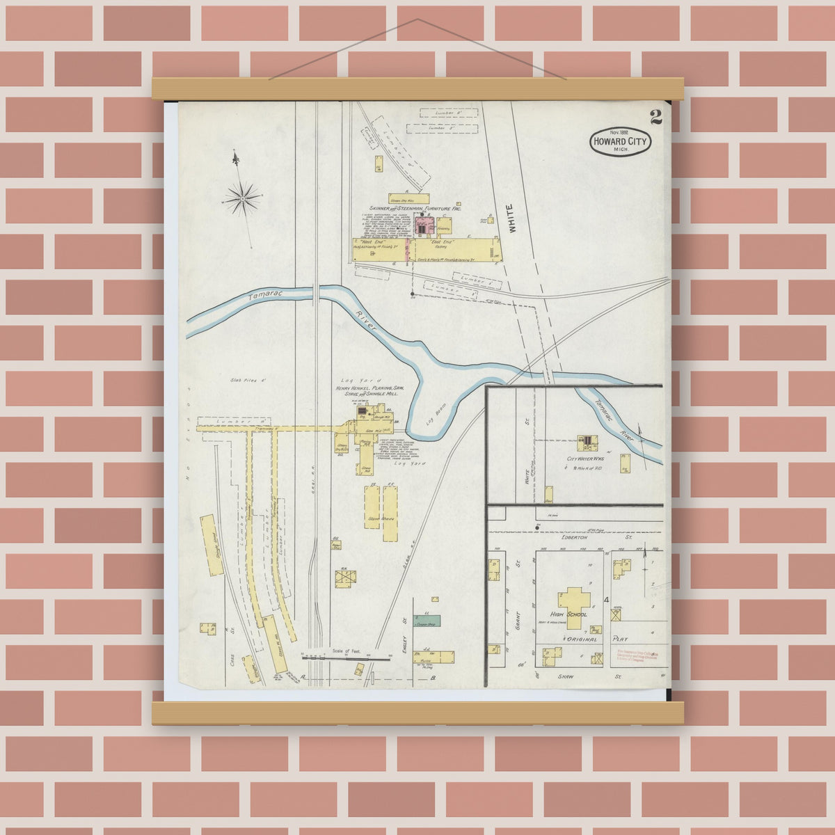 Old map wall art mockup — magnetic wood frame on brick wall — Sanborn Fire Insurance Map from Howard City, Montcalm County, Michigan (1892), Sheet #0002