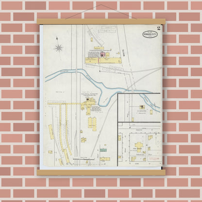 Old map wall art mockup — magnetic wood frame on brick wall — Sanborn Fire Insurance Map from Howard City, Montcalm County, Michigan (1892), Sheet #0002