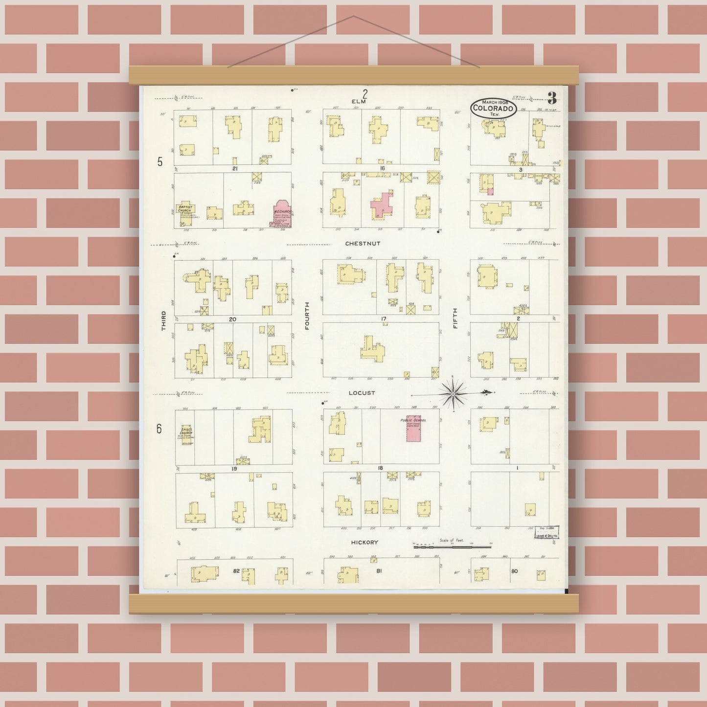 Old map wall art mockup — magnetic wood frame on brick wall — Sanborn Fire Insurance Map from Colorado, Mitchell County, Texas (1908), Sheet #0003