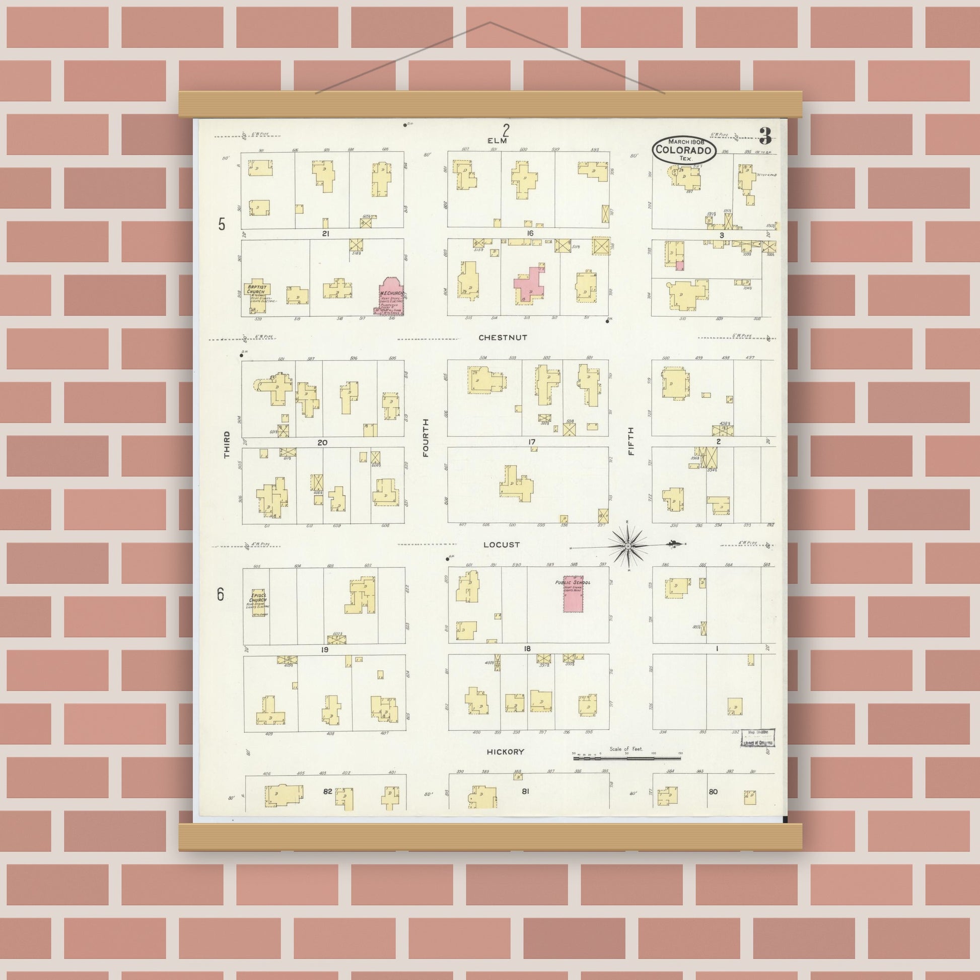 Old map wall art mockup — magnetic wood frame on brick wall — Sanborn Fire Insurance Map from Colorado, Mitchell County, Texas (1908), Sheet #0003