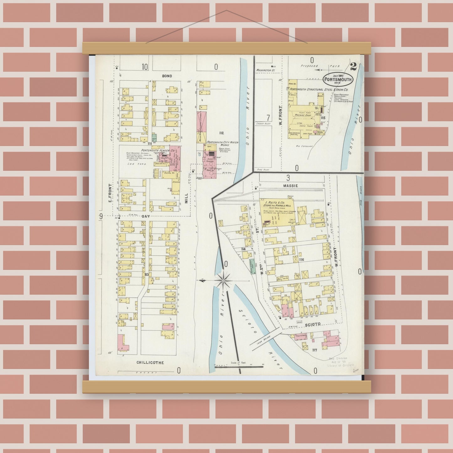 Old map wall art mockup — magnetic wood frame on brick wall — Sanborn Fire Insurance Map from Portsmouth, Scioto County, Ohio (1897), Sheet #0002