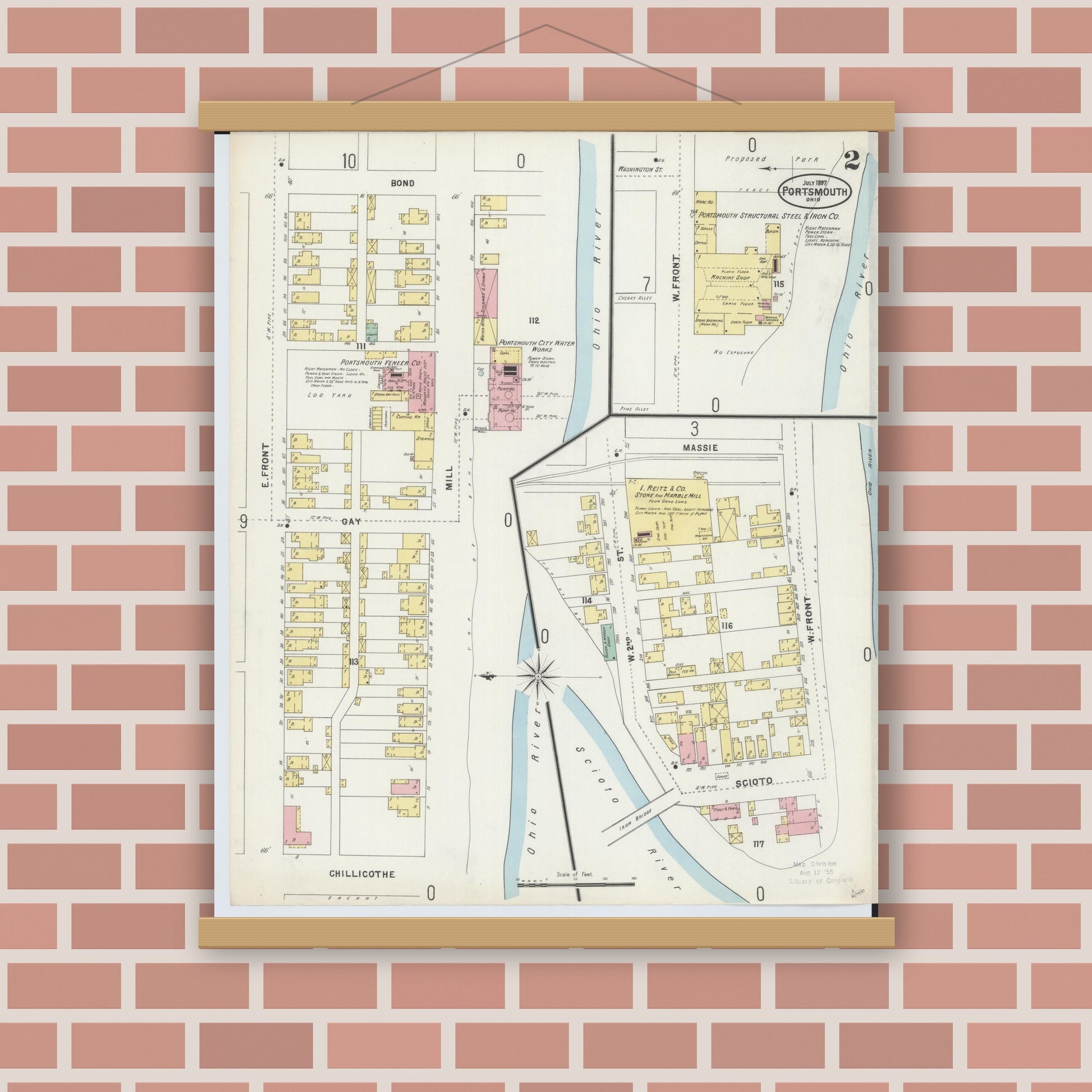 Old map wall art mockup — magnetic wood frame on brick wall — Sanborn Fire Insurance Map from Portsmouth, Scioto County, Ohio (1897), Sheet #0002