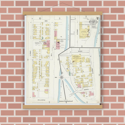 Old map wall art mockup — magnetic wood frame on brick wall — Sanborn Fire Insurance Map from Portsmouth, Scioto County, Ohio (1897), Sheet #0002