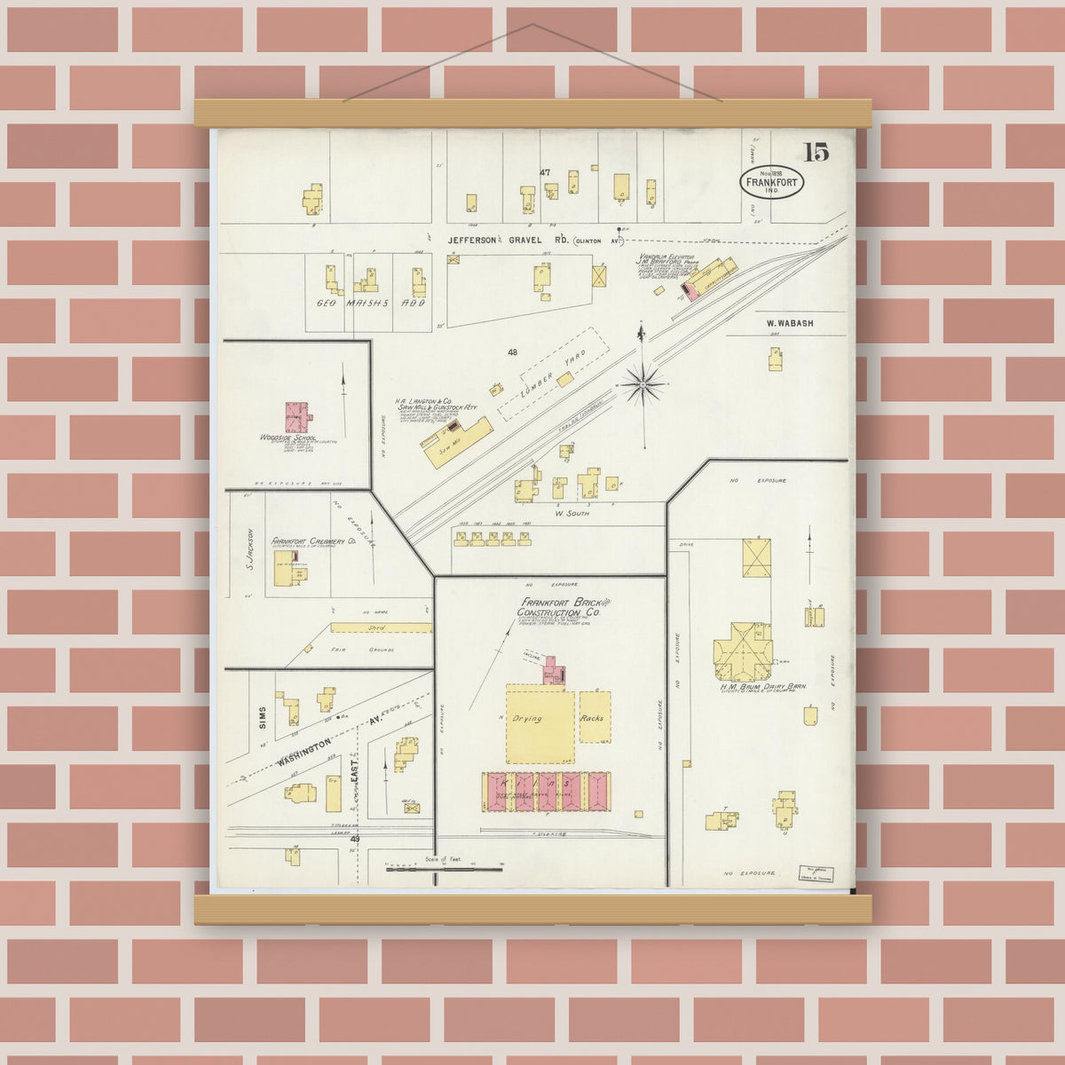 Old map wall art mockup — magnetic wood frame on brick wall — Sanborn Fire Insurance Map from Frankfort, Clinton County, Indiana (1898), Sheet #0015