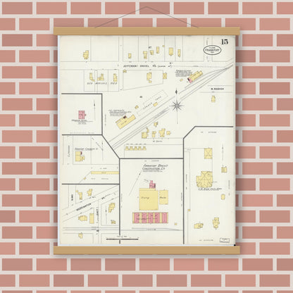 Old map wall art mockup — magnetic wood frame on brick wall — Sanborn Fire Insurance Map from Frankfort, Clinton County, Indiana (1898), Sheet #0015