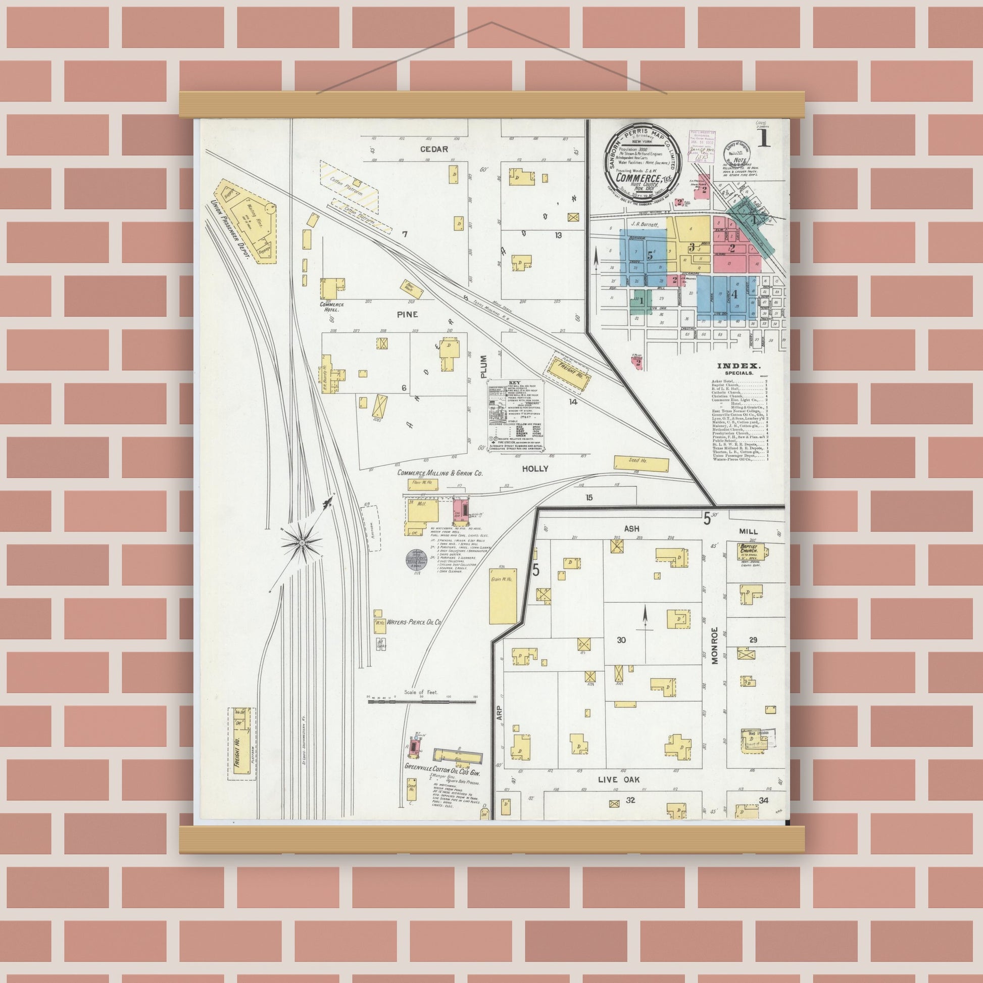 Old map wall art mockup — magnetic wood frame on brick wall — Sanborn Fire Insurance Map from Commerce, Hunt County, Texas (1901), Sheet #0001