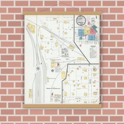 Old map wall art mockup — magnetic wood frame on brick wall — Sanborn Fire Insurance Map from Commerce, Hunt County, Texas (1901), Sheet #0001