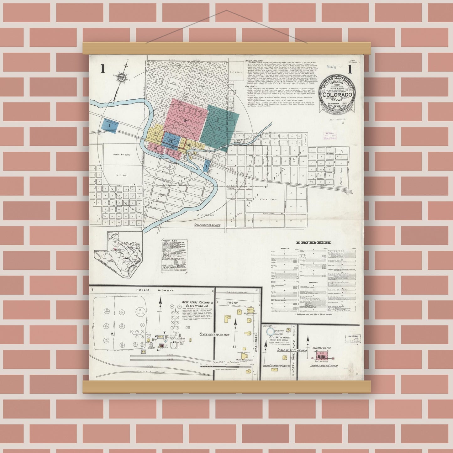 Old map wall art mockup — magnetic wood frame on brick wall — Sanborn Fire Insurance Map from Colorado, Mitchell County, Texas (1925), Sheet #0001