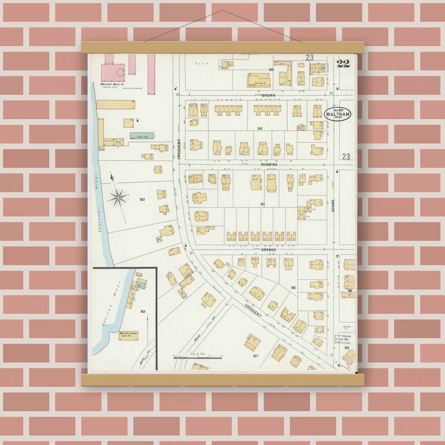 Old map wall art mockup — magnetic wood frame on brick wall — Sanborn Fire Insurance Map from Waltham, Middlesex County, Massachusetts (1897), Sheet #0022