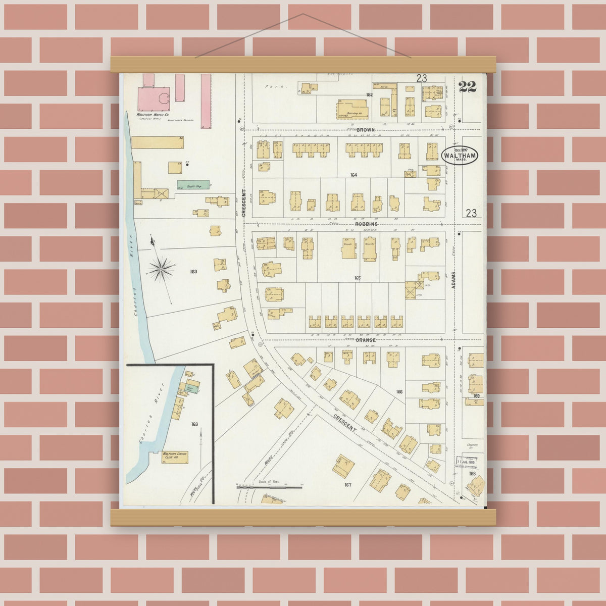 Old map wall art mockup — magnetic wood frame on brick wall — Sanborn Fire Insurance Map from Waltham, Middlesex County, Massachusetts (1897), Sheet #0022