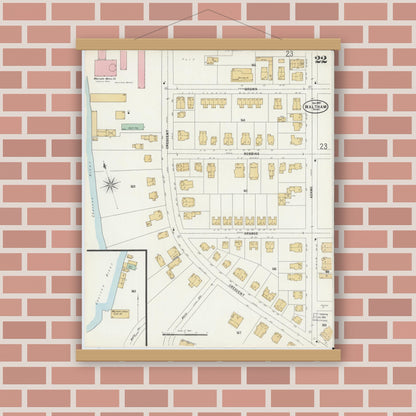 Old map wall art mockup — magnetic wood frame on brick wall — Sanborn Fire Insurance Map from Waltham, Middlesex County, Massachusetts (1897), Sheet #0022