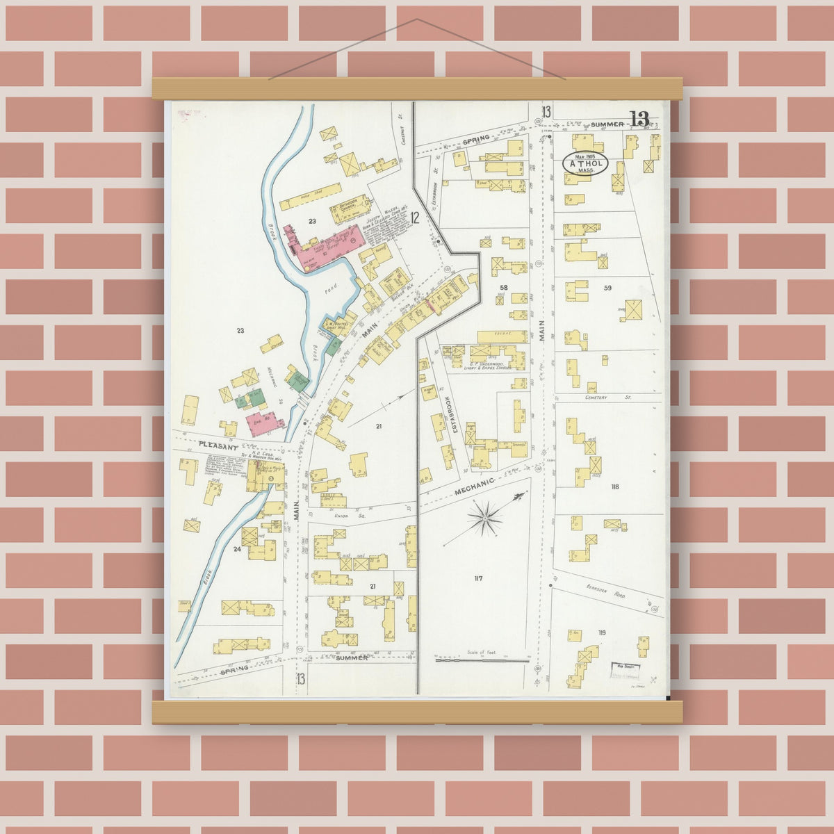 Old map wall art mockup — magnetic wood frame on brick wall — Sanborn Fire Insurance Map from Athol, Worcester County, Massachusetts (1905), Sheet #0013