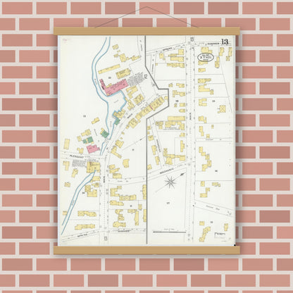Old map wall art mockup — magnetic wood frame on brick wall — Sanborn Fire Insurance Map from Athol, Worcester County, Massachusetts (1905), Sheet #0013