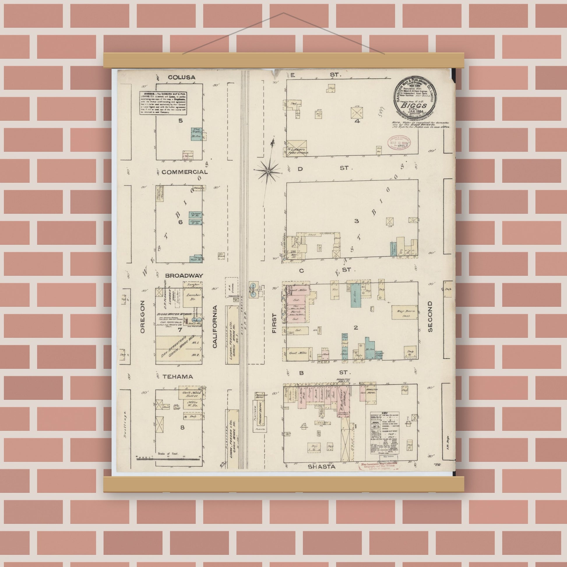 Old map wall art mockup — magnetic wood frame on brick wall — Sanborn Fire Insurance Map from Biggs, Butte County, California (1884), Sheet #0001