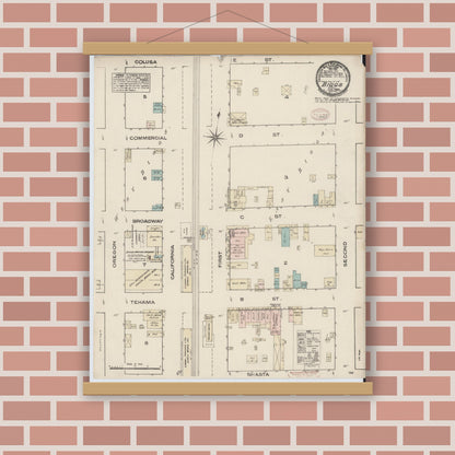 Old map wall art mockup — magnetic wood frame on brick wall — Sanborn Fire Insurance Map from Biggs, Butte County, California (1884), Sheet #0001
