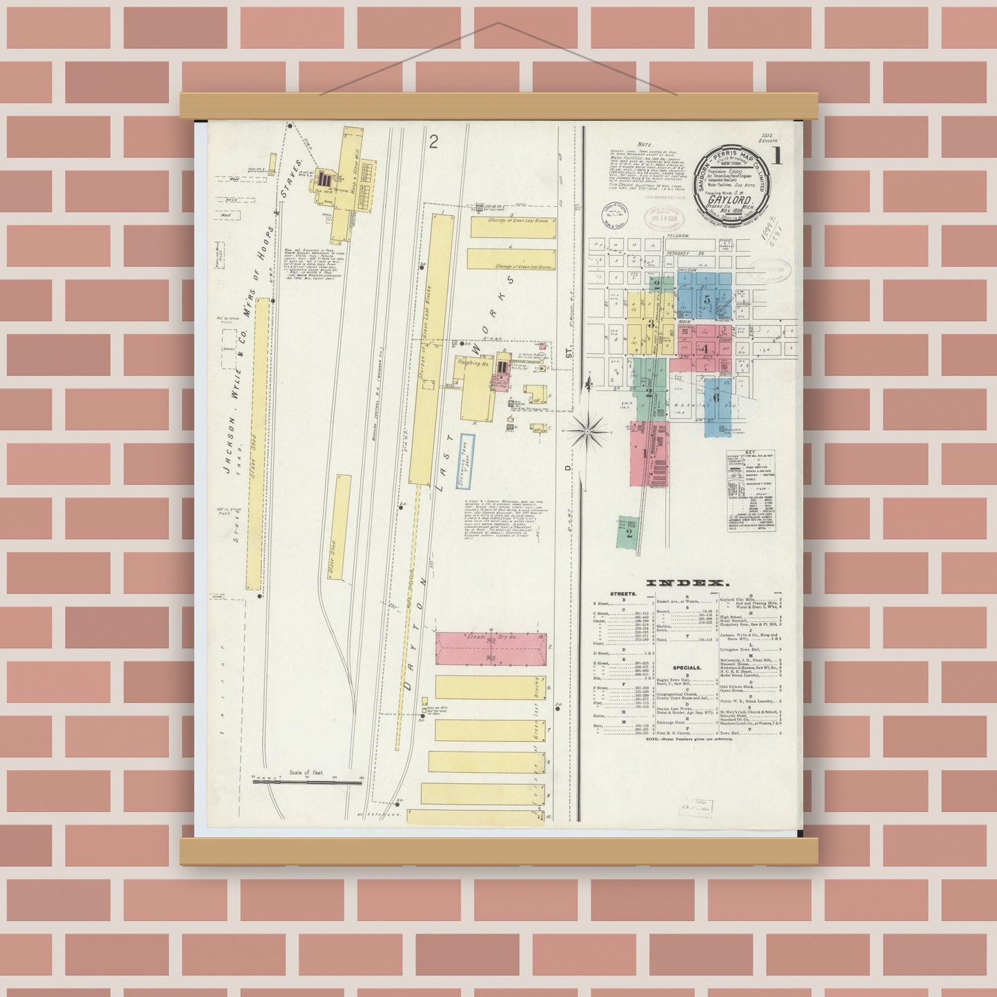 Old map wall art mockup — magnetic wood frame on brick wall — Sanborn Fire Insurance Map from Gaylord, Otsego County, Michigan (1898) - Complete Map Set