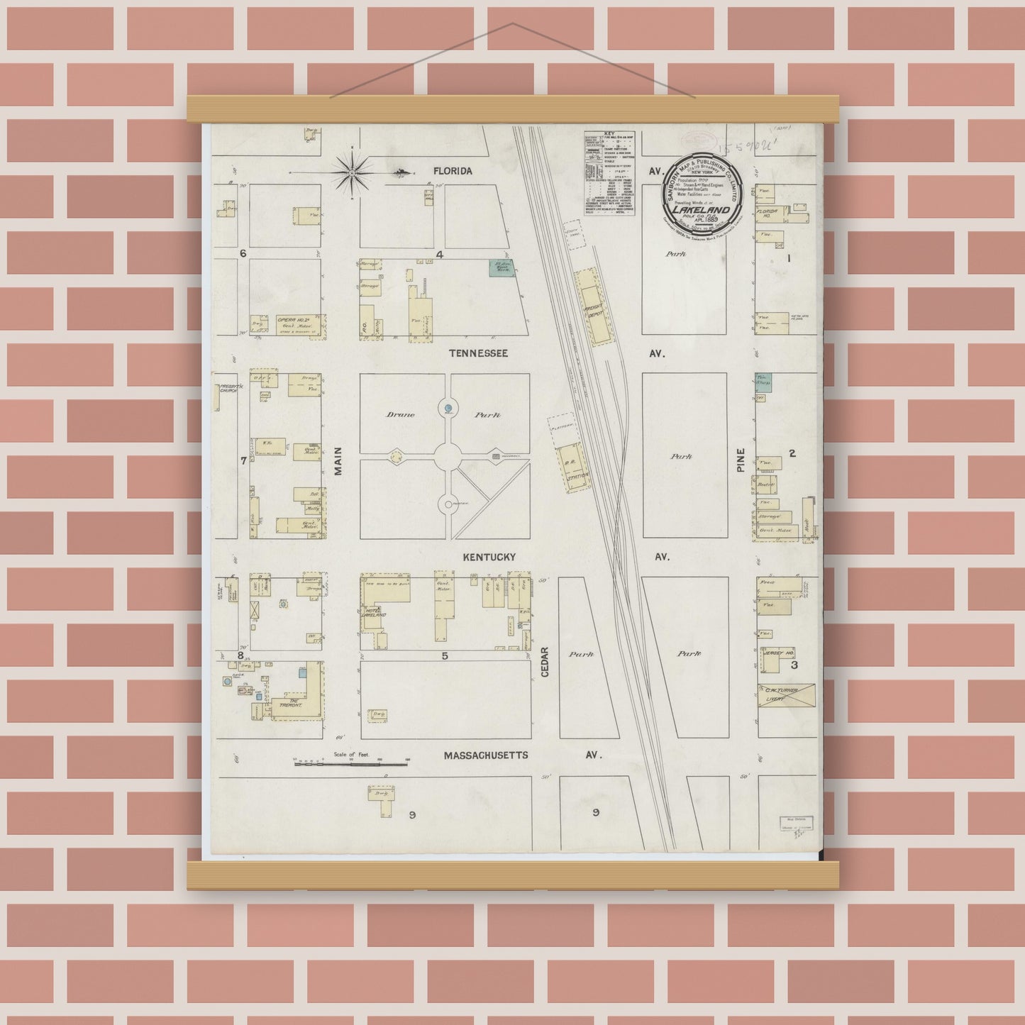 Old map wall art mockup — magnetic wood frame on brick wall — Sanborn Fire Insurance Map from Lakeland, Polk County, Florida (1889), Sheet #0001
