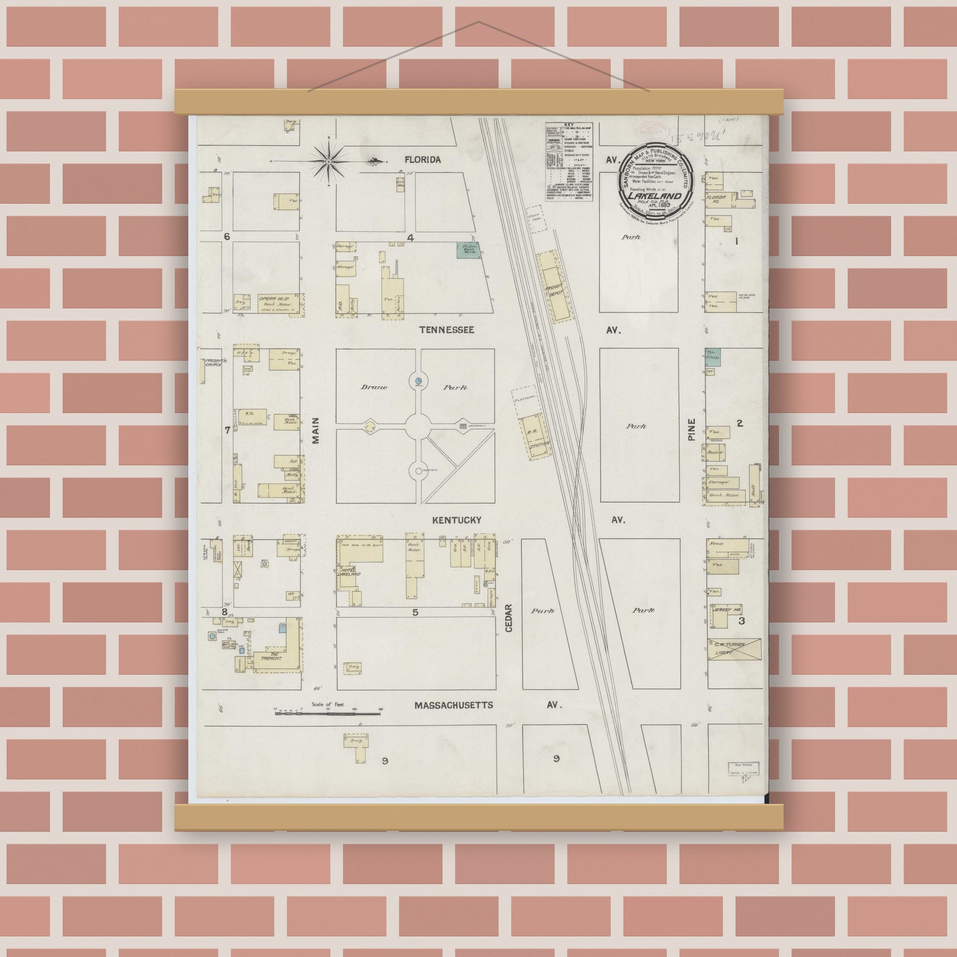 Old map wall art mockup — magnetic wood frame on brick wall — Sanborn Fire Insurance Map from Lakeland, Polk County, Florida (1889), Sheet #0001