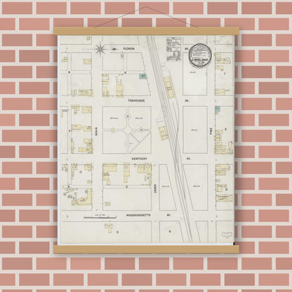 Old map wall art mockup — magnetic wood frame on brick wall — Sanborn Fire Insurance Map from Lakeland, Polk County, Florida (1889), Sheet #0001