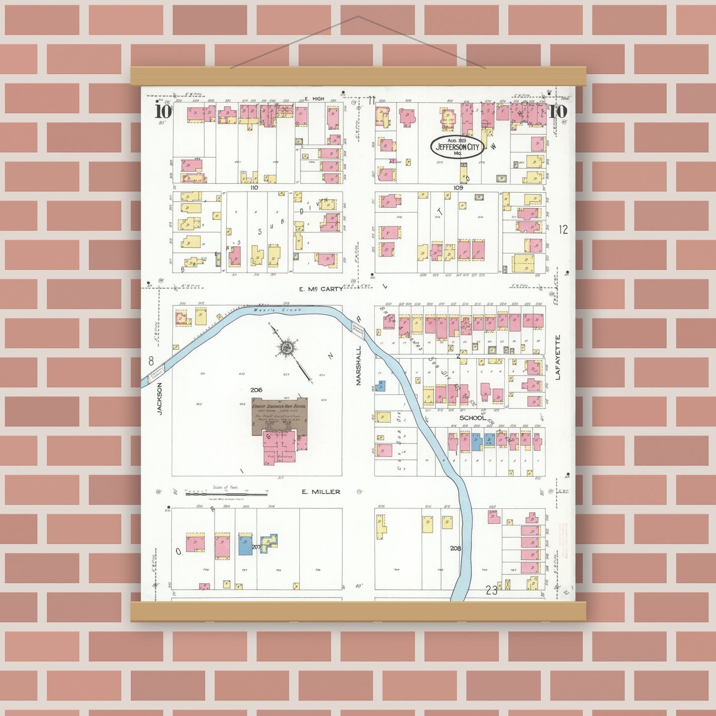 Old map wall art mockup — magnetic wood frame on brick wall — Sanborn Fire Insurance Map from Jefferson City, Cole County, Missouri (1923), Sheet #0010