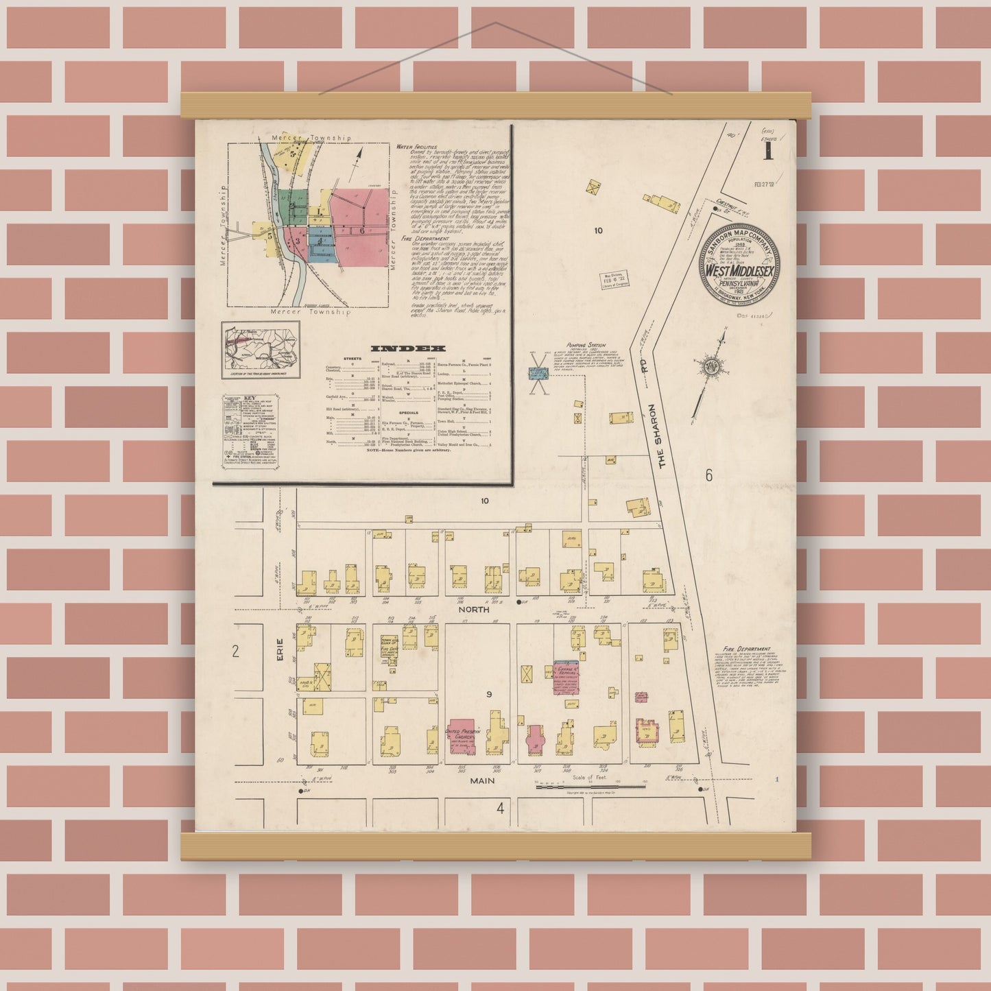 Old map wall art mockup — magnetic wood frame on brick wall — Sanborn Fire Insurance Map from West Middlesex, Mercer County, Pennsylvania (1921) - Complete Map Set